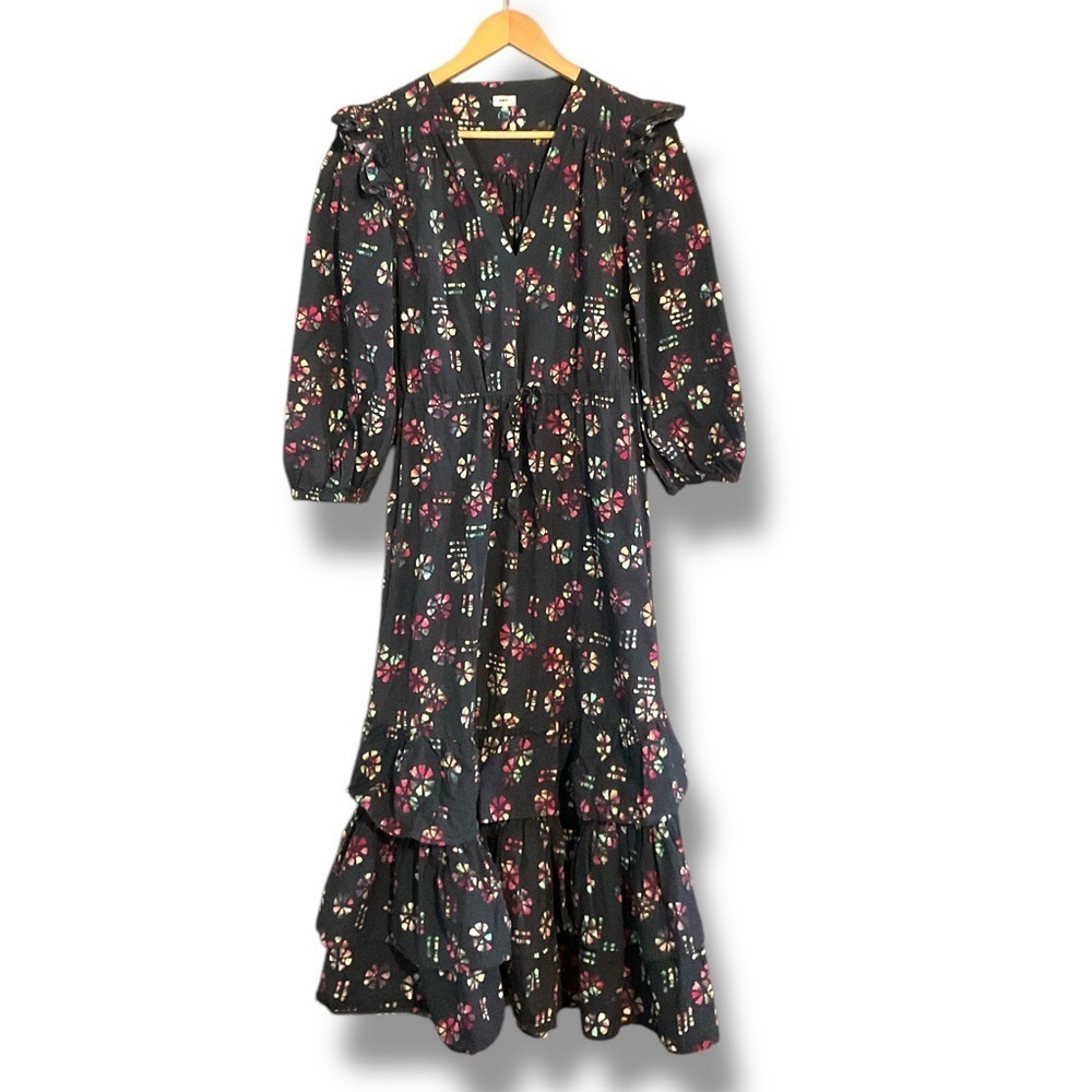 Warm Midnight Navy Blue Tie Dye Rainbow Floral Leila Midi Ruffle Dress Size 2 - Picture 2 of 9